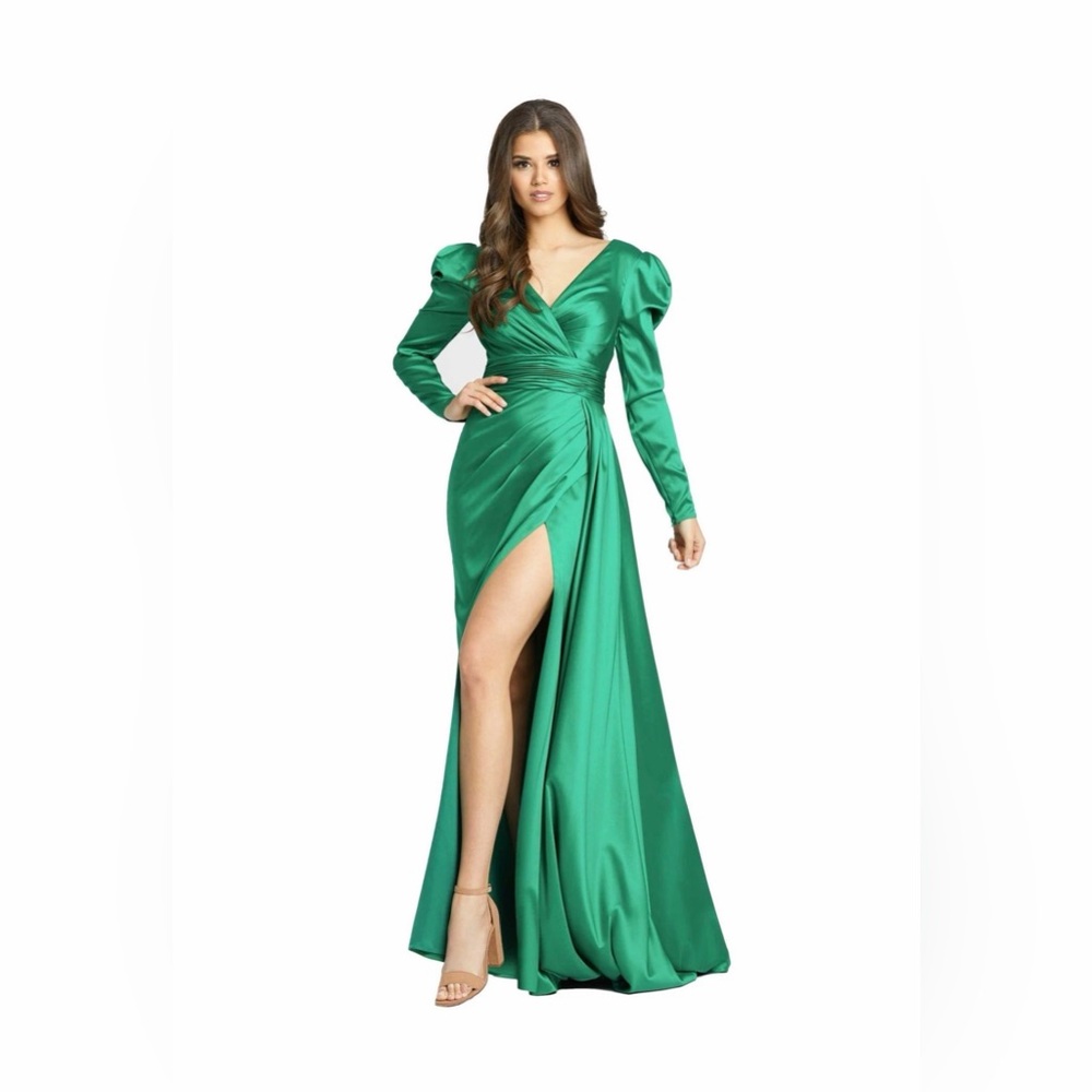 Mac Duggal 12404 Emerald Green Satin Puff Sleeve Evening Gown with Slit Size 6